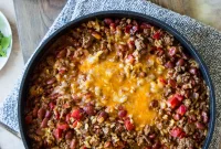 One-Pan Beef Burrito Skillet with Cheesy Rice and Beans