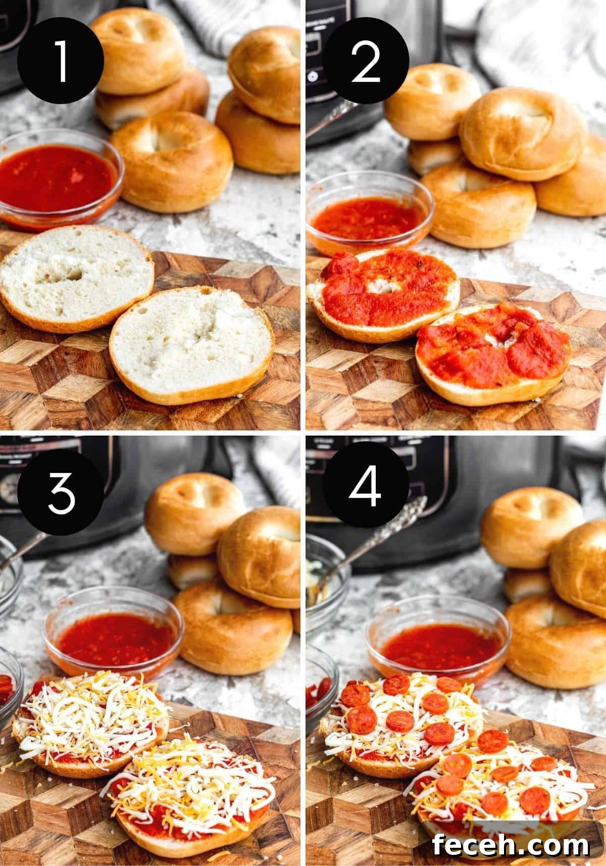 Prep image collage with four images of bagel bites being made with numbered pictures.