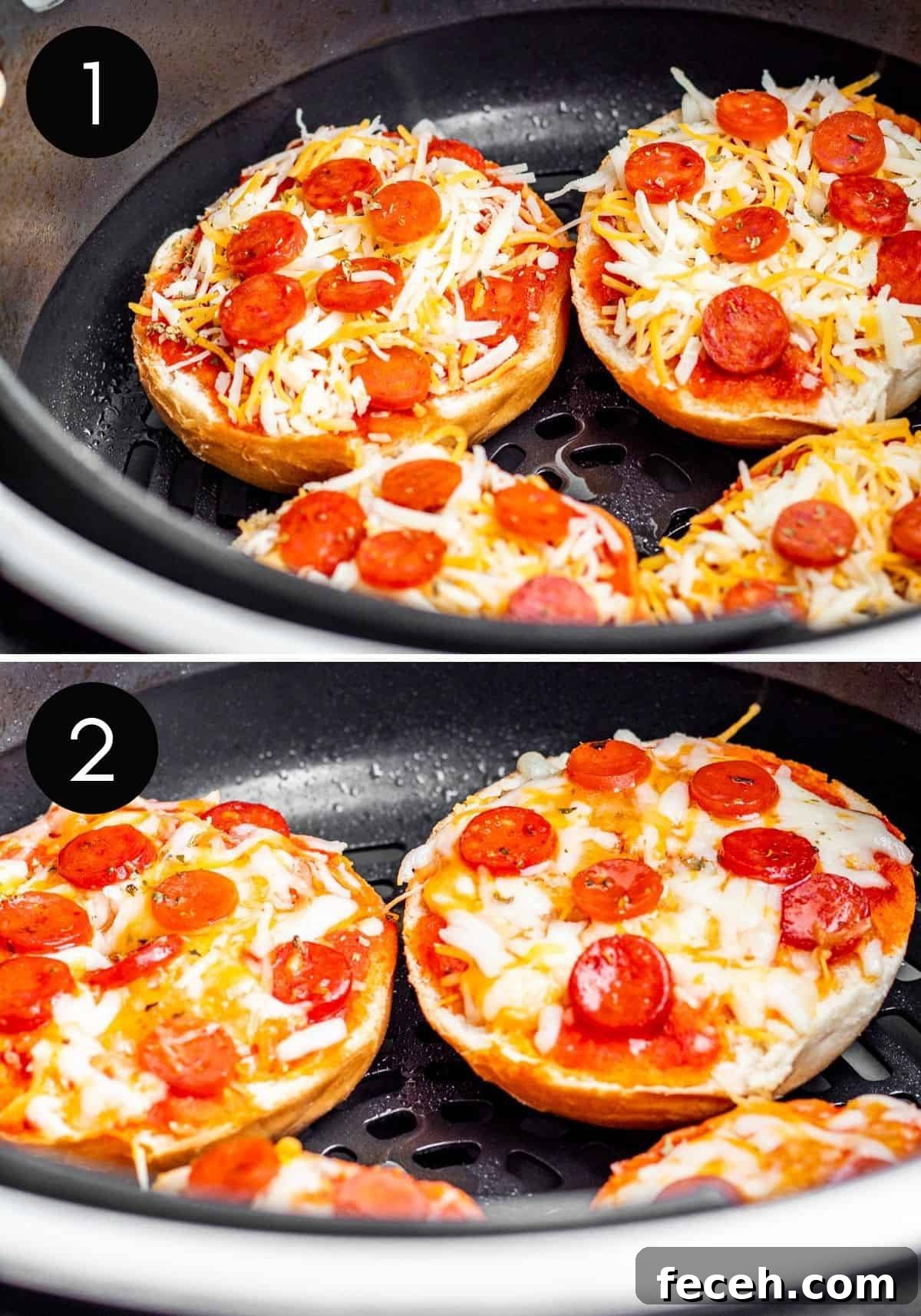 Two prep image collage of bagel bites cooking in air fryer.