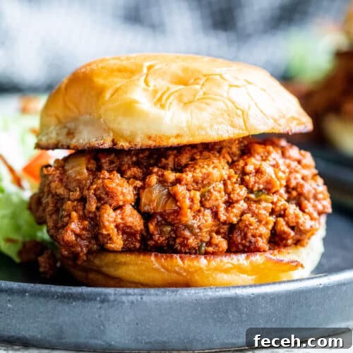 Straight on shot of sloppy joe sandwich on black plate.