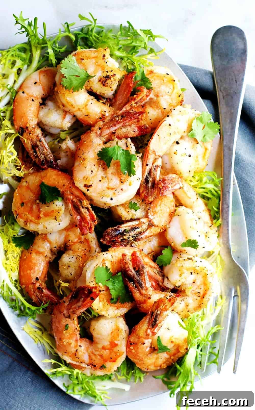 Crispy Salt and Pepper Shrimp Recipe with Garlic and Chili 4 Salt-and-Pepper-Shrimp-served on a metal platter photo-from-above