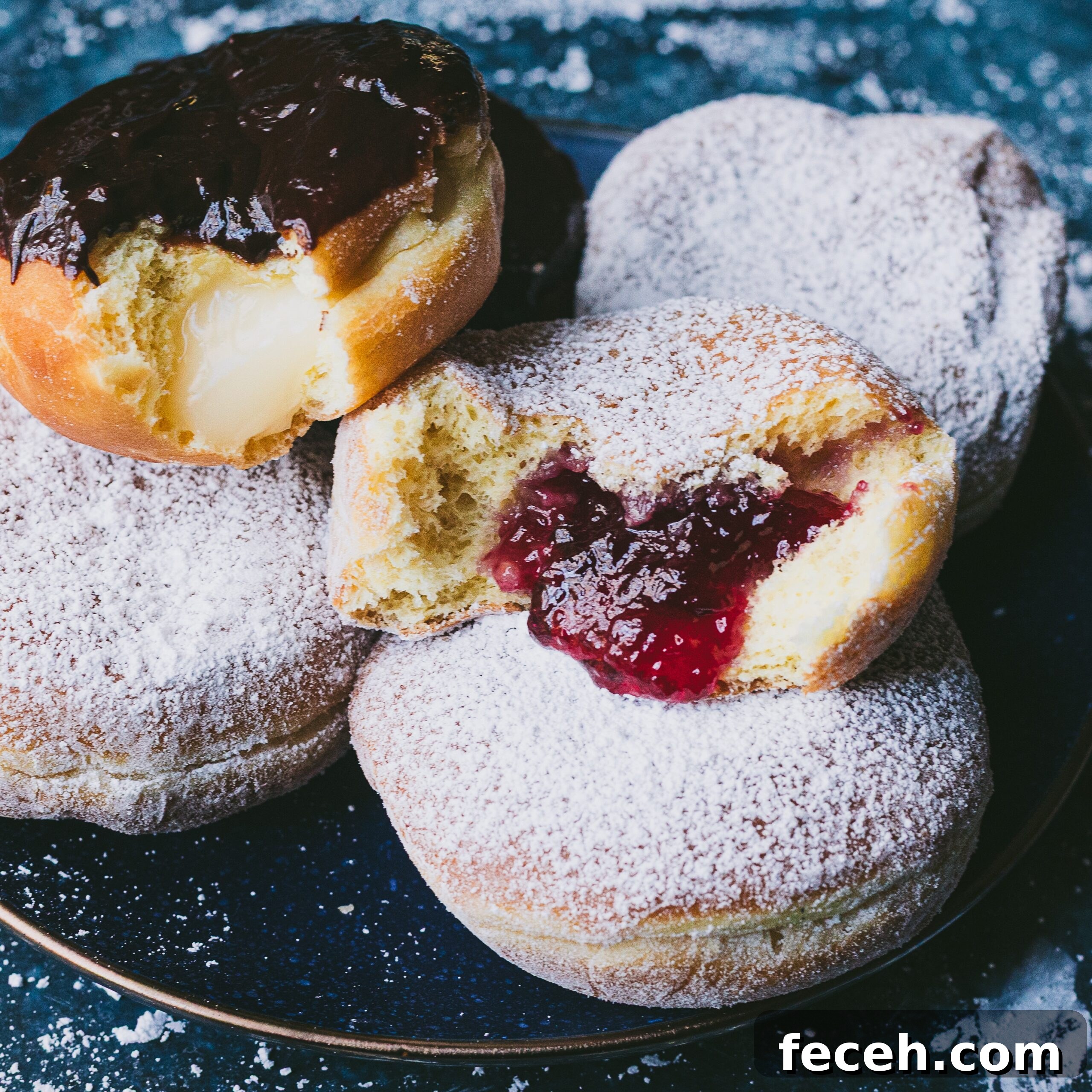 Square image of jam and custard filled donuts for Hanukkah in a pile
