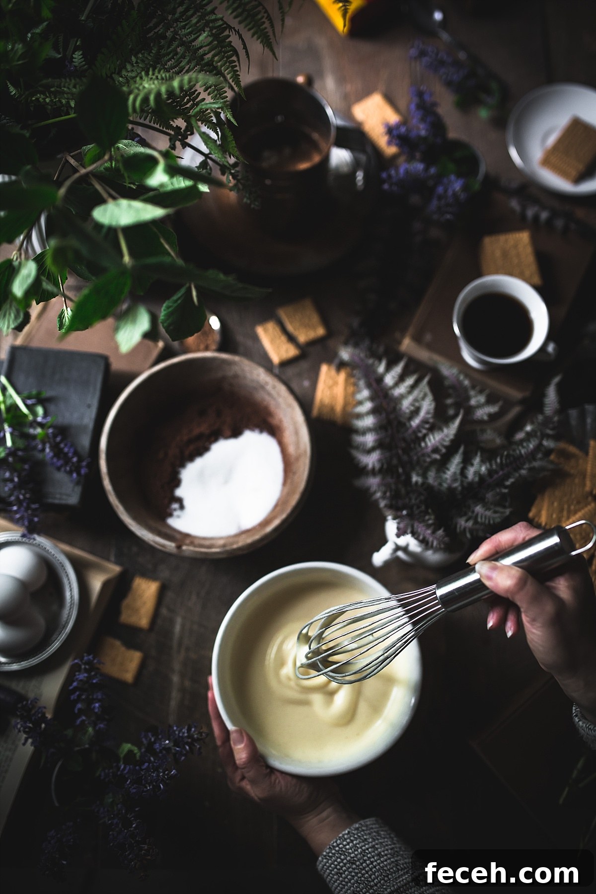 Kalter Hund Recipe: Authentic German No-Bake Chocolate Biscuit Cake 5 Flatlay shot of woman whipping eggs to make them frothy for Kalter Hund.