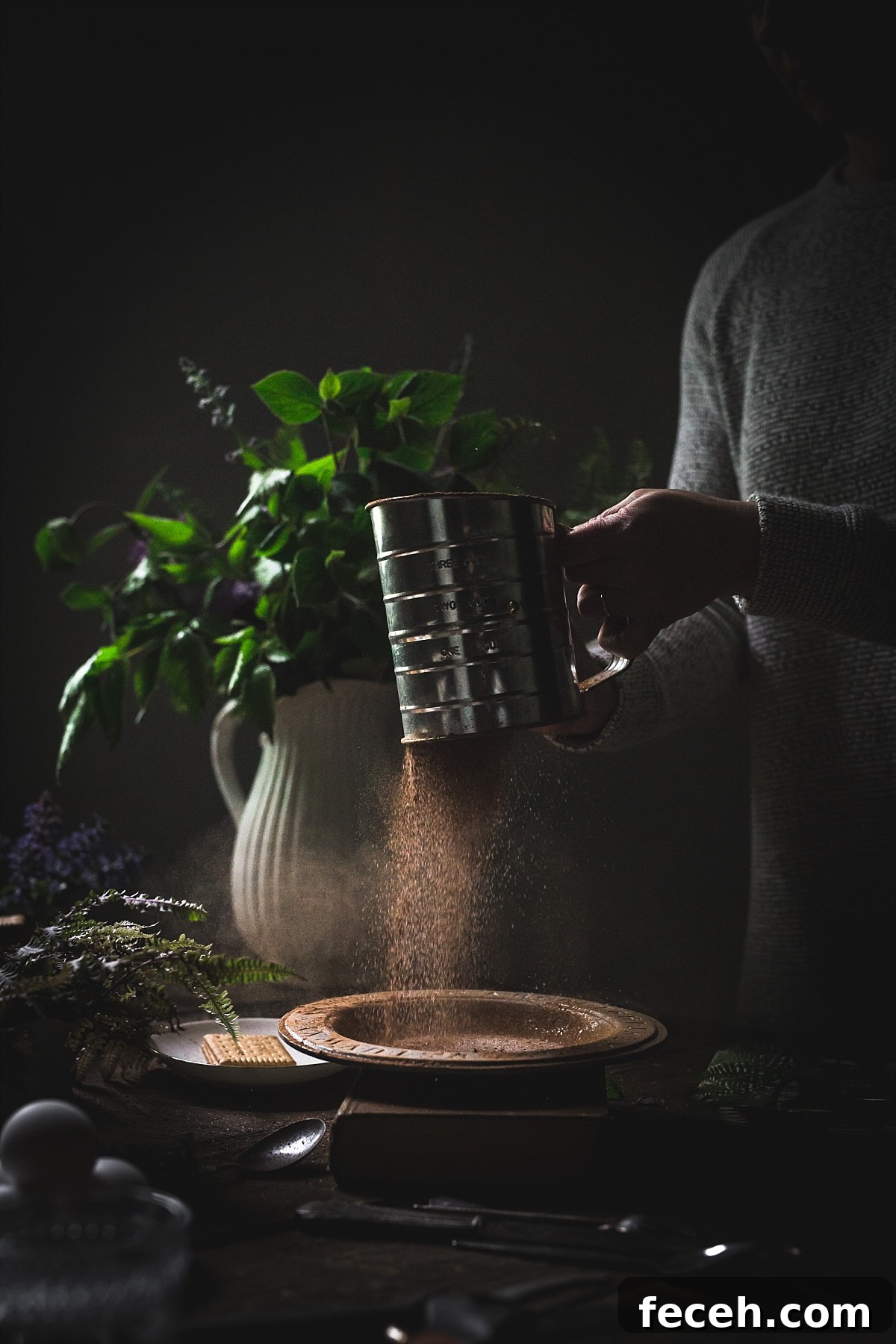 Kalter Hund Recipe: Authentic German No-Bake Chocolate Biscuit Cake 6 Backlit image of sifting cocoa powder and sugar into a decorative bowl.
