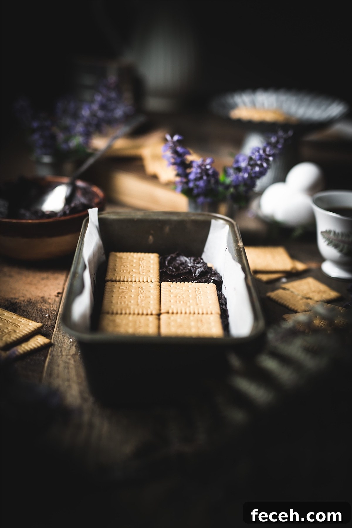 Kalter Hund Recipe: Authentic German No-Bake Chocolate Biscuit Cake 7 Constructing the Kalter Hund by layering Leibniz cookies on top of the chocolate layer in a loaf tin.