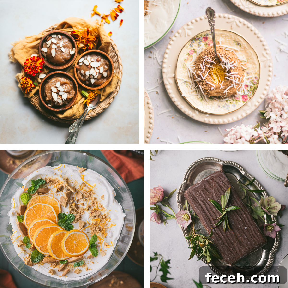 Thumbnail for no bake summer desserts. From Left to Right: Halwa, Thambuttu, Ginger Mandarin Trifle, Kalter Hund