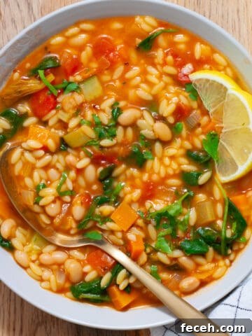A white bowl of vegetable orzo soup topped with chopped parsley and lemon wedges on the side.