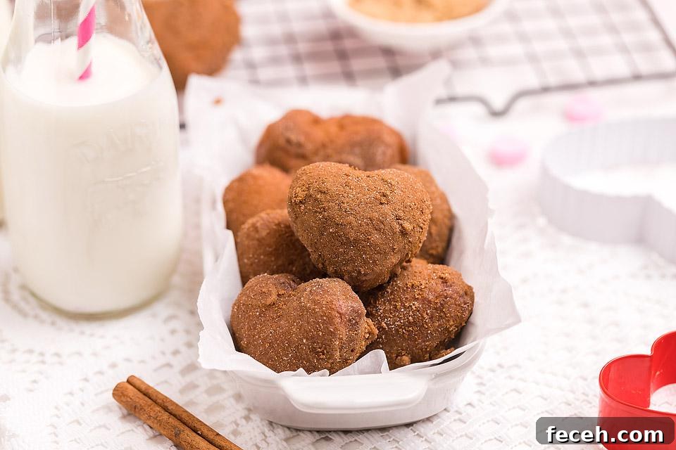 20 Fun Valentine's Breakfast Ideas for Kids 5 Cinnamon donuts in a dish with milk on the side.