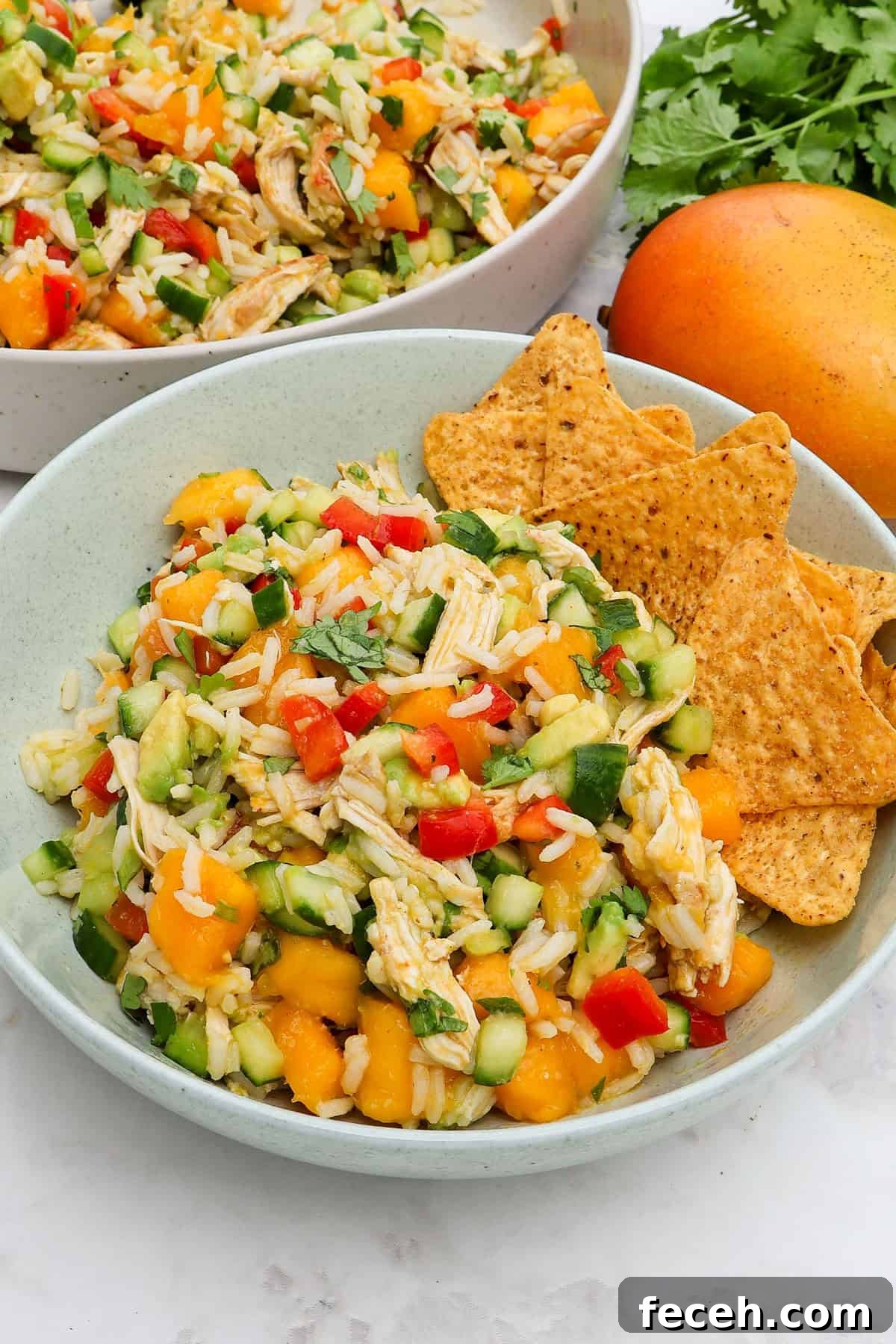Side shot of salad served in a bowl with tortilla chips.