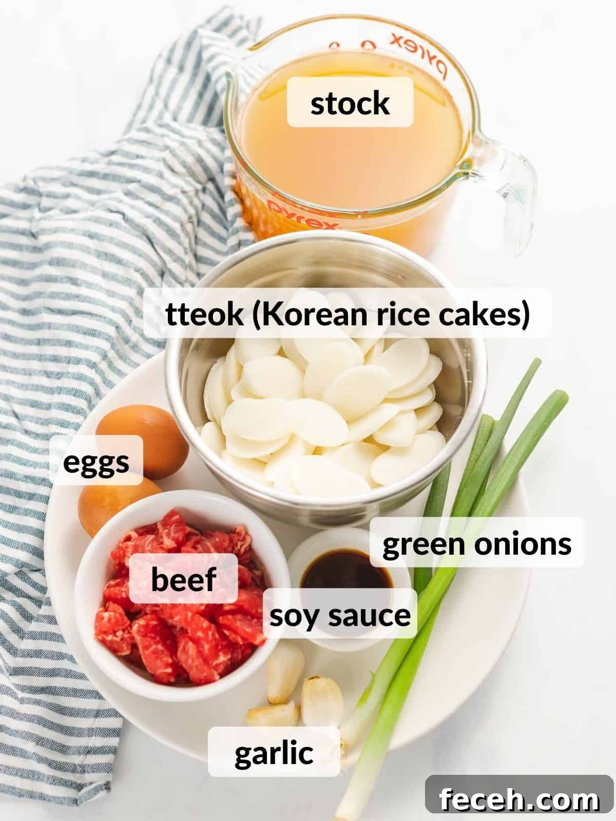 Ingredients for tteokguk including rice cakes, beef, stock, and eggs.