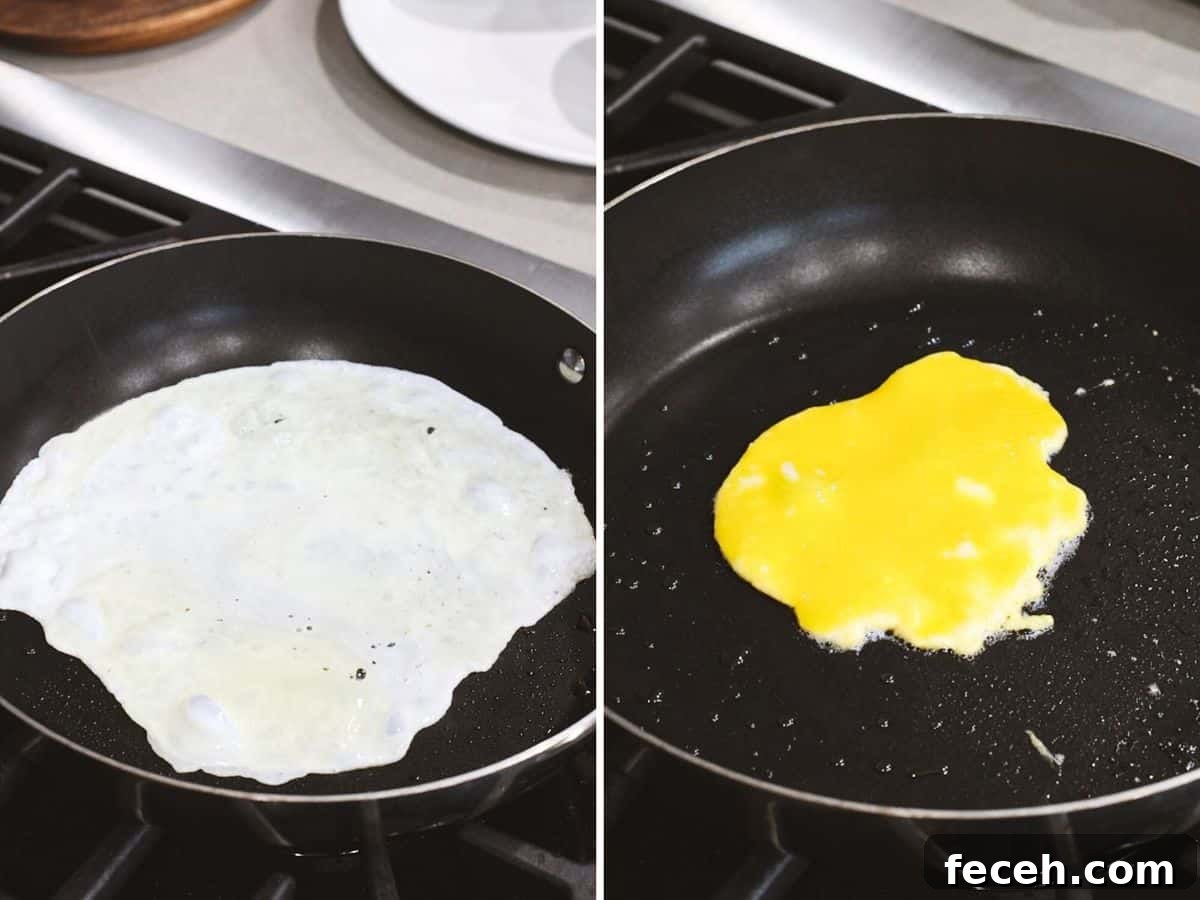 Egg white and egg yolk being cooked separately in a pan.