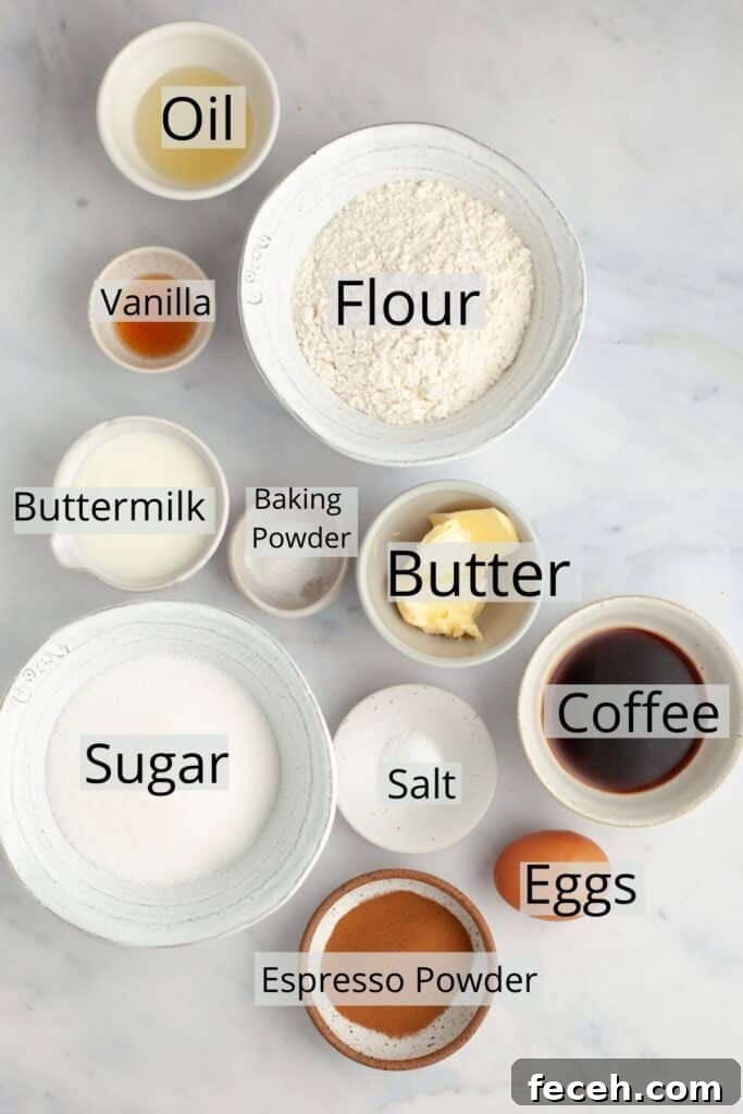 All the ingredients needed to make coffee cupcakes, weighed out into small bowls.