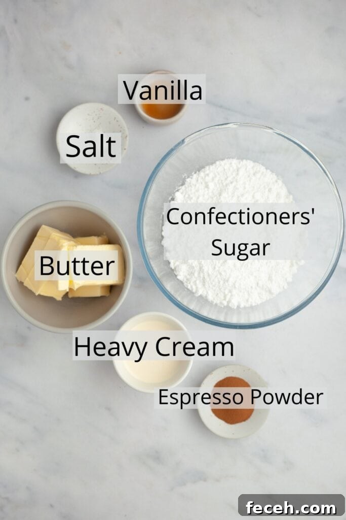 Ingredients needed to make espresso buttercream weighed out into small bowls.