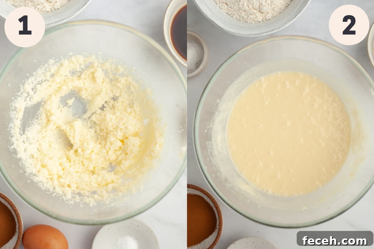 Creamed butter and sugar in a large mixing bowl, and a glass bowl with cupcake batter in it.