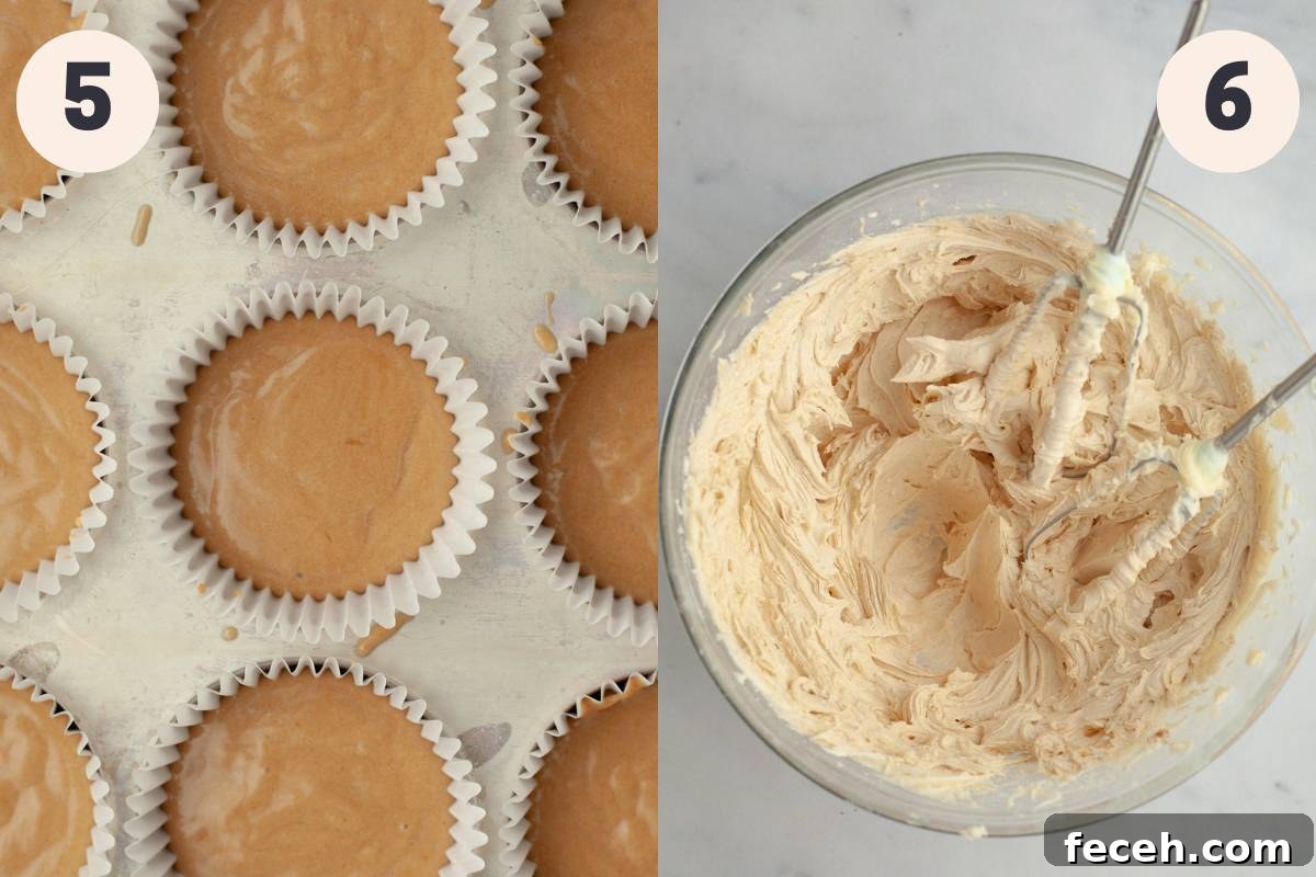 Unbaked coffee cupcakes and a bowl with coffee frosting in it.