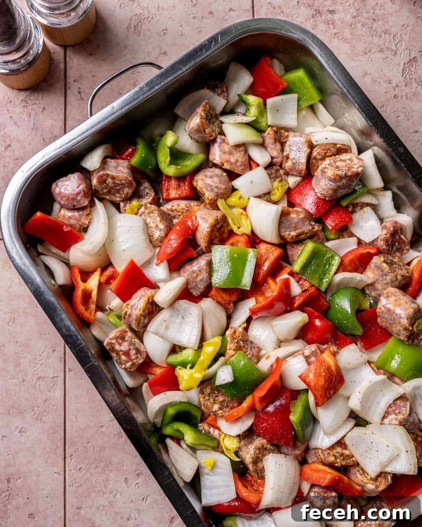 Oven-Roasted Italian Sausage with Peppers and Onions Recipe 3 Italian Sausage and Peppers Step 2: Add all ingredients to a large roasting pan.
