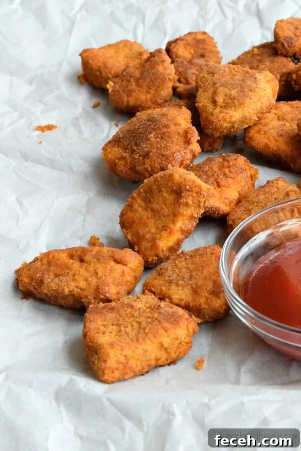 Gluten-Free Baked Chicken Nuggets for a Lighter Crunch 3 Healthier Baked Chicken Nuggets laying next to a bowl of ketchup
