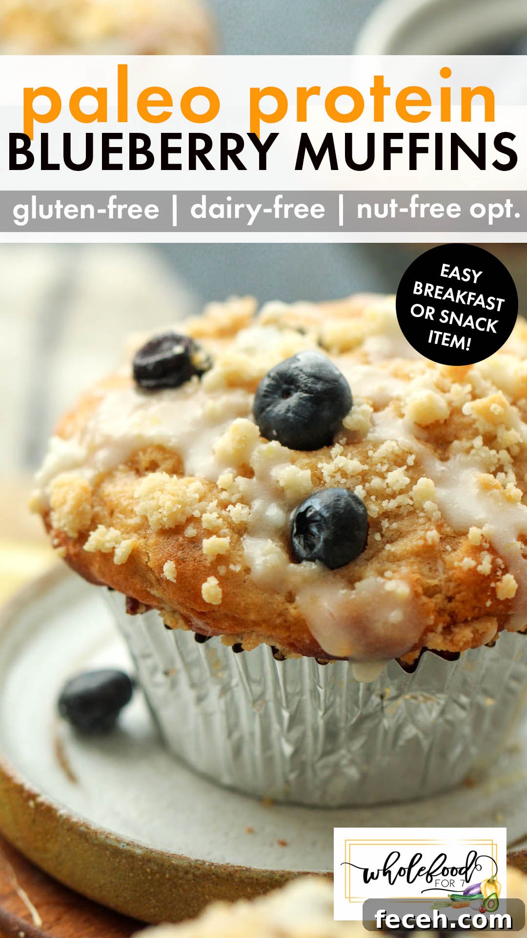 Paleo Protein Blueberry Muffins - EASY grab-and-go breakfast, snack, or lunchbox item! Paleo, grain-free, gluten-free, dairy-free, with nut-free option. Delicious and has 11 grams of protein per muffin. Freezer-friendly and kid-approved!
