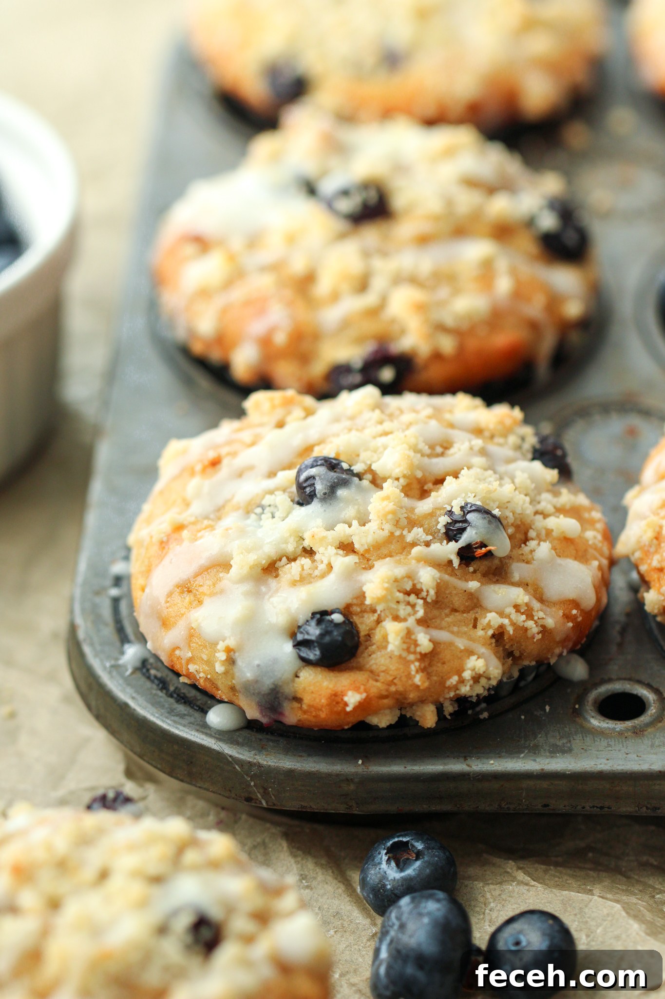 Paleo Protein Blueberry Muffins - EASY grab-and-go breakfast, snack, or lunchbox item! Paleo, grain-free, gluten-free, dairy-free, with nut-free option. Delicious and has 11 grams of protein per muffin. Freezer-friendly and kid-approved!