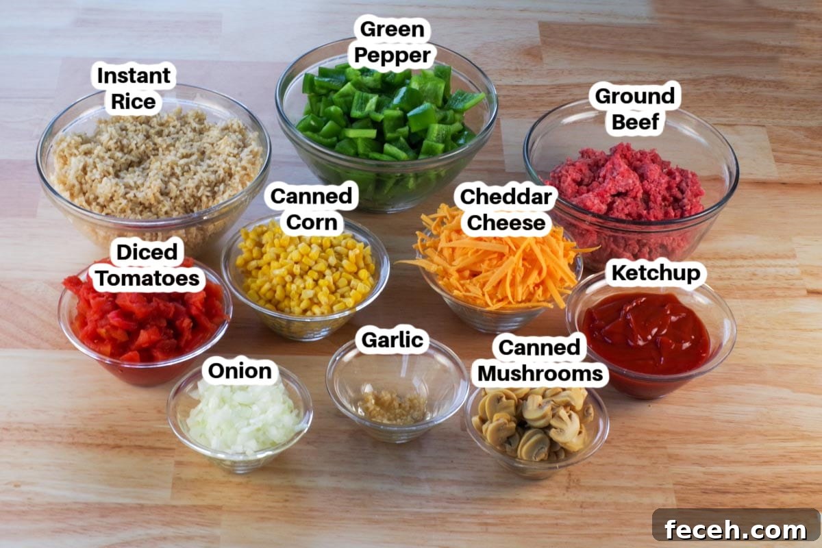 WW-Friendly Stuffed Green Pepper Casserole Recipe 3 Ingredients in Stuffed Green Pepper Casserole in glass bowls, labelled.