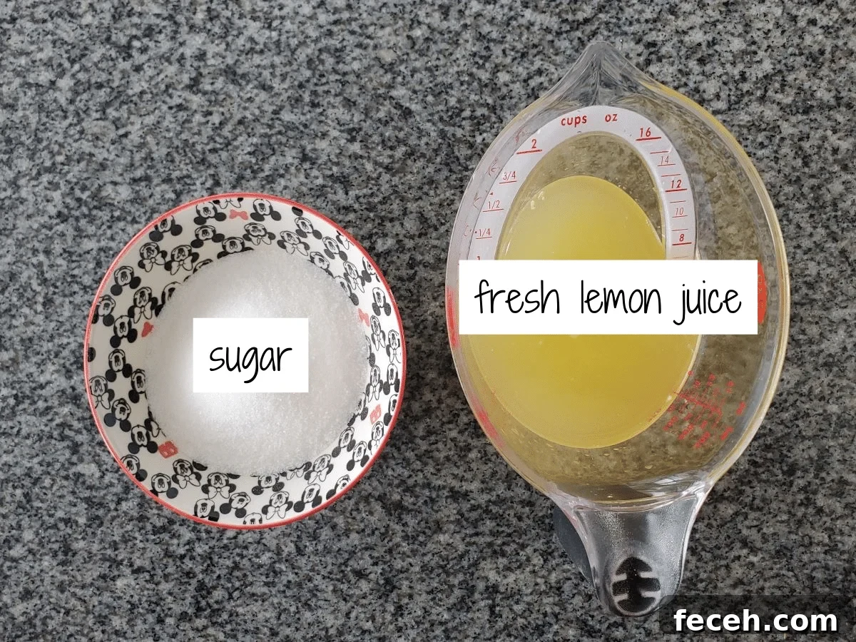ingredients for lemon simple syrup measured out and labeled.