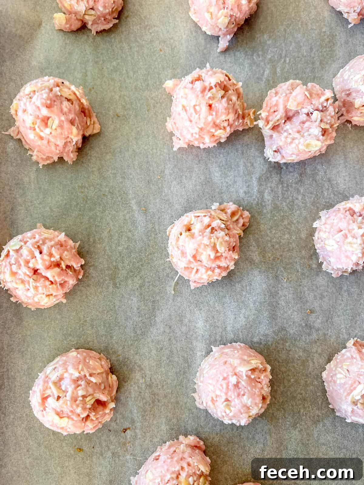 Gluten-Free Baked Turkey Meatballs Recipe 6 Turkey meatballs before baking.