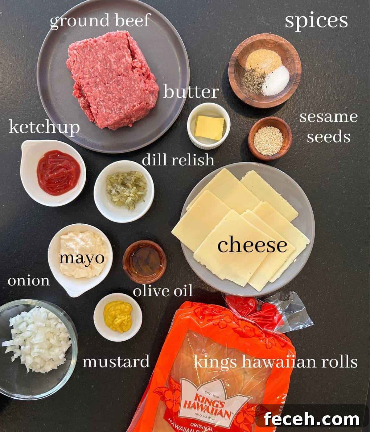Hawaiian Roll Cheeseburger Sliders Recipe for Party Appetizers 3 Ingredients for cheeseburger sliders on countertop.