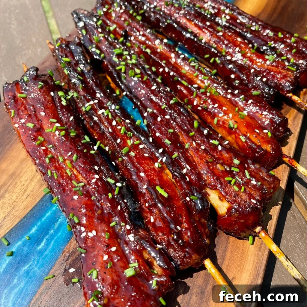 Korean-Style Pork Belly Skewers with Sticky Soy Glaze 2 pork belly skewers