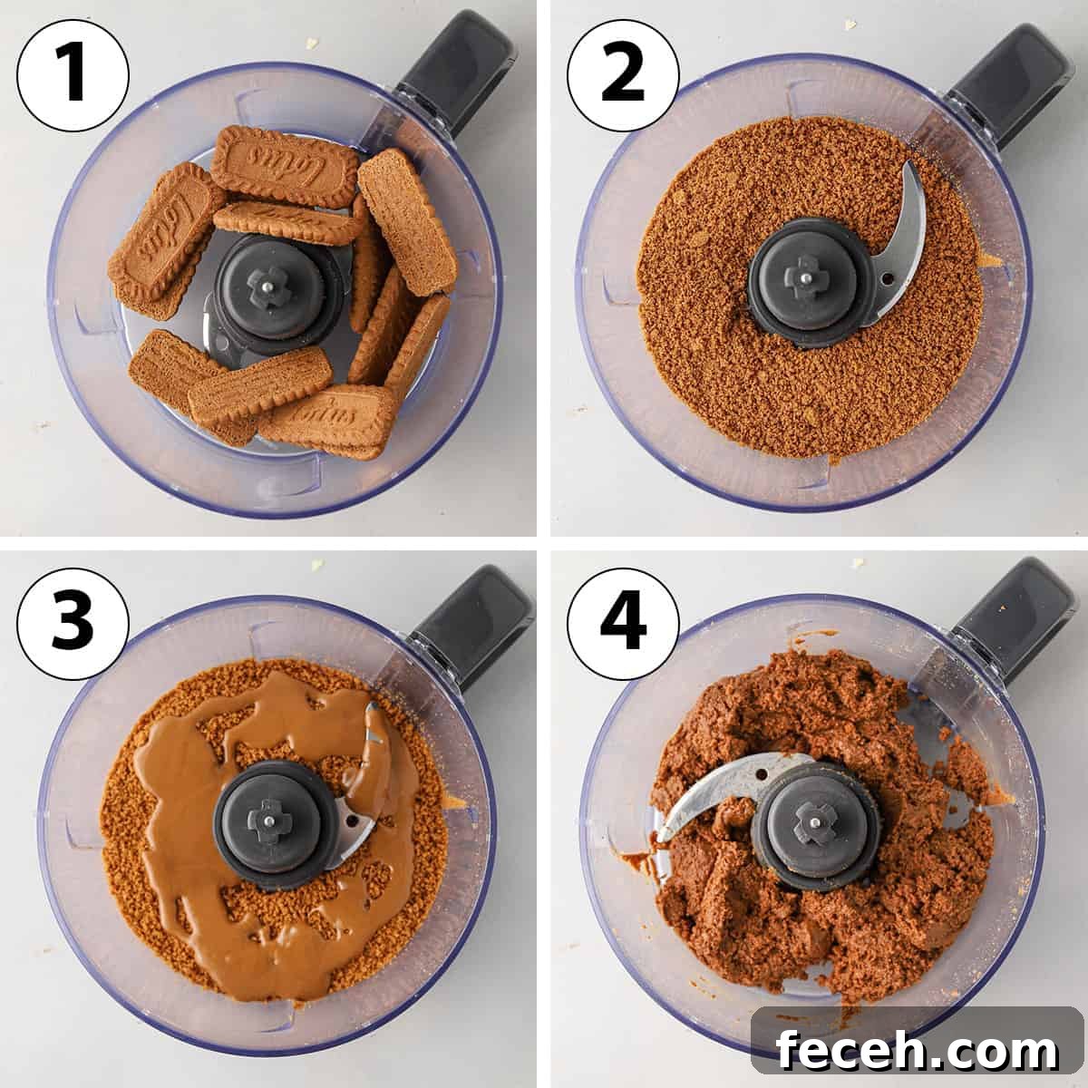 Biscoff Cookie Butter Truffles Recipe: 3-Ingredient No-Bake Treat 5 Process Shot Collage: mixing the biscoff cookies and cookie butter.
