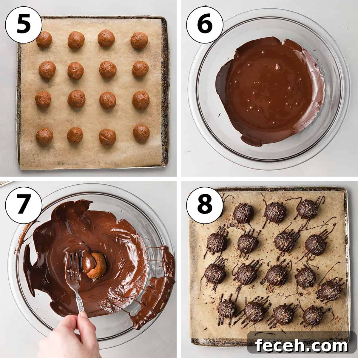 Biscoff Cookie Butter Truffles Recipe: 3-Ingredient No-Bake Treat 6 Process Shot Collage: shaping the balls and dipping them in chocolate.