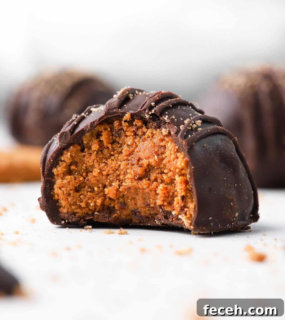 Biscoff Cookie Butter Truffles Recipe: 3-Ingredient No-Bake Treat 7 Bite shot of a biscoff truffle.