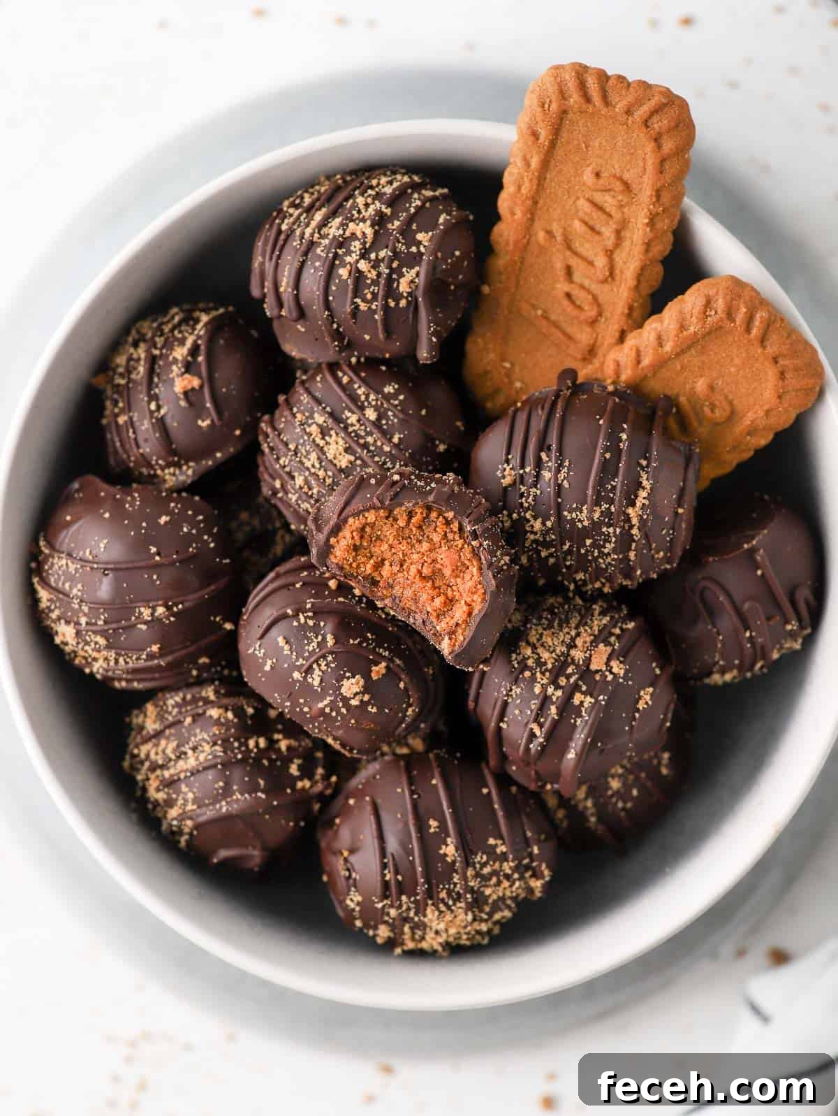 Biscoff Cookie Butter Truffles Recipe: 3-Ingredient No-Bake Treat 8 Close up on the Truffles in a grey bowl from above.