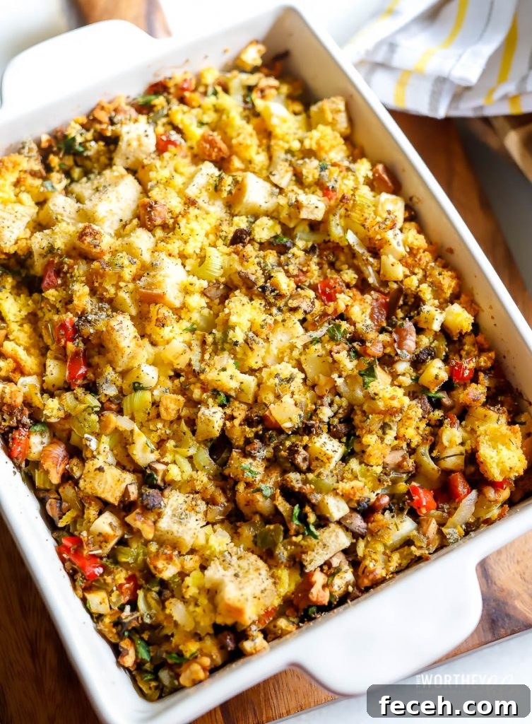 Sourdough Vegan Cornbread Stuffing Recipe for Holidays 13 A pan of Sourdough Vegan Cornbread Dressing- great for the Holidays!