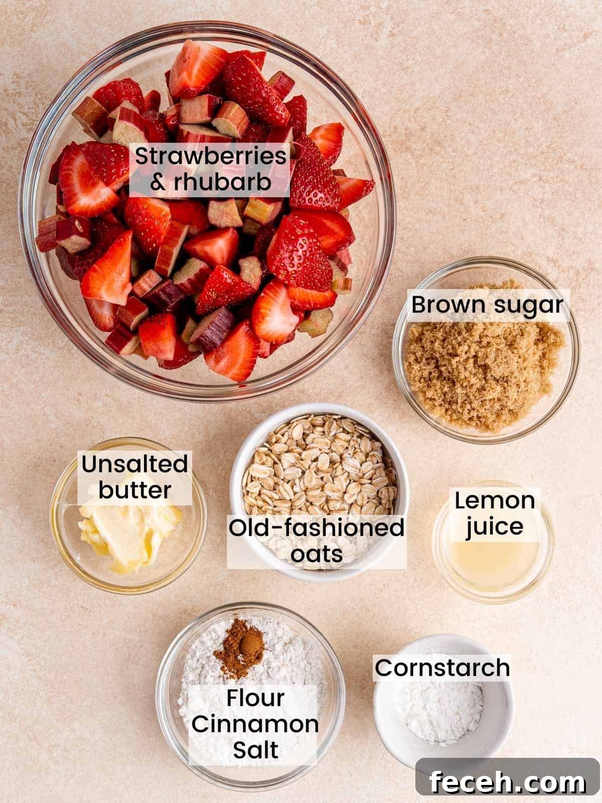 Ingredients needed to make strawberry rhubarb crisp.
