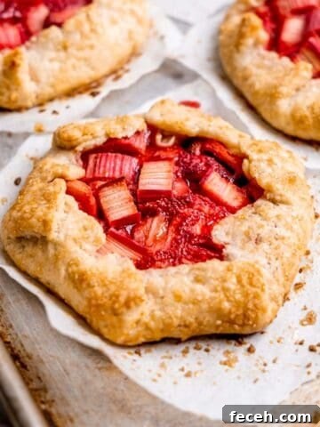 Close up of a mini strawberry rhubarb galette.