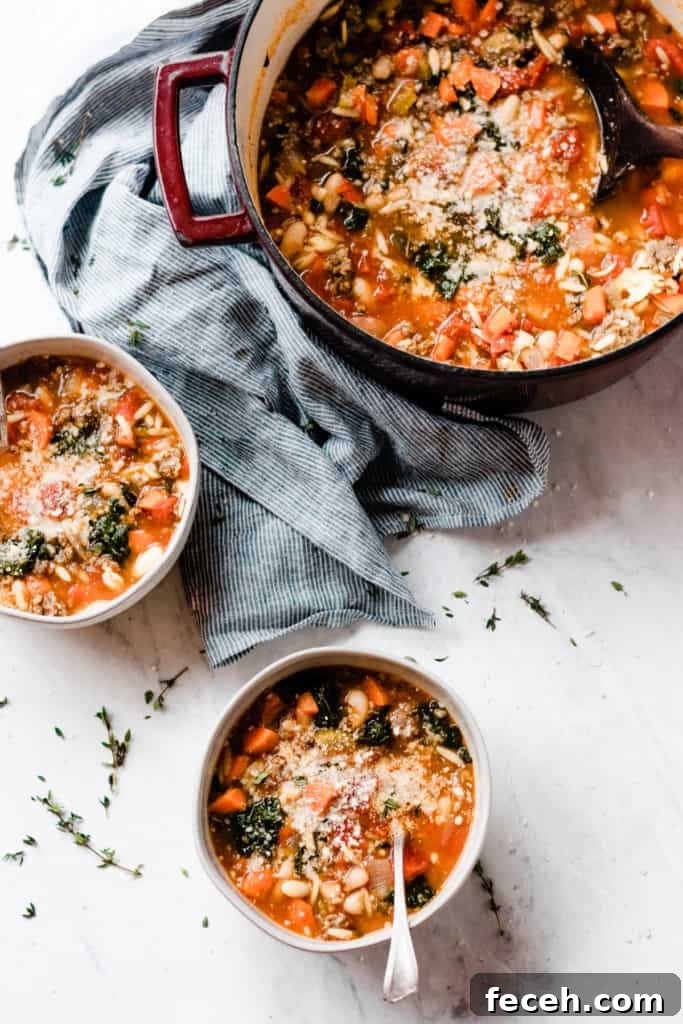 Large cooking pot of soup, with two bowl of minestrone to the side.