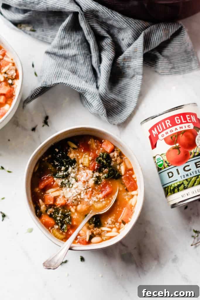 White bowl with healthy and hearty minestrone soup. A spoon is in the bowl, and a can of diced tomatoes is to the side of the bowl.