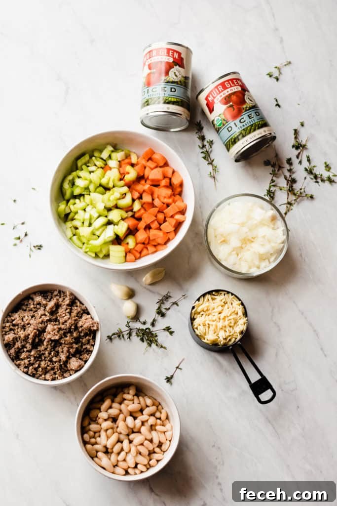 Top down view of recipe ingredients: Bowl with chopped celery and carrots, bowl of diced white onions, cup of dry orzo, white bowl of cooked ground sausage, white bowl with drained cannellini beans, and two cans of diced tomatoes 