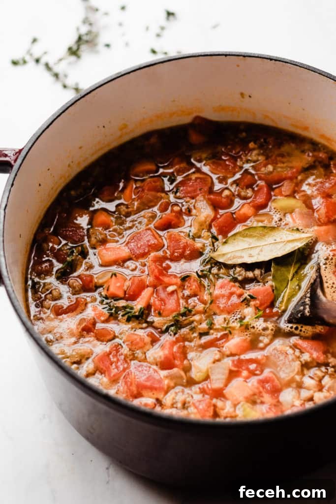 Close view of soup in the pot, with diced tomatoes and fresh herbs.