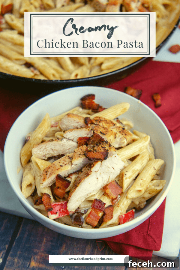 Creamy Chicken and Bacon Pasta Recipe for Weeknight Dinners 3 a small white bowl of creamy chicken bacon pasta