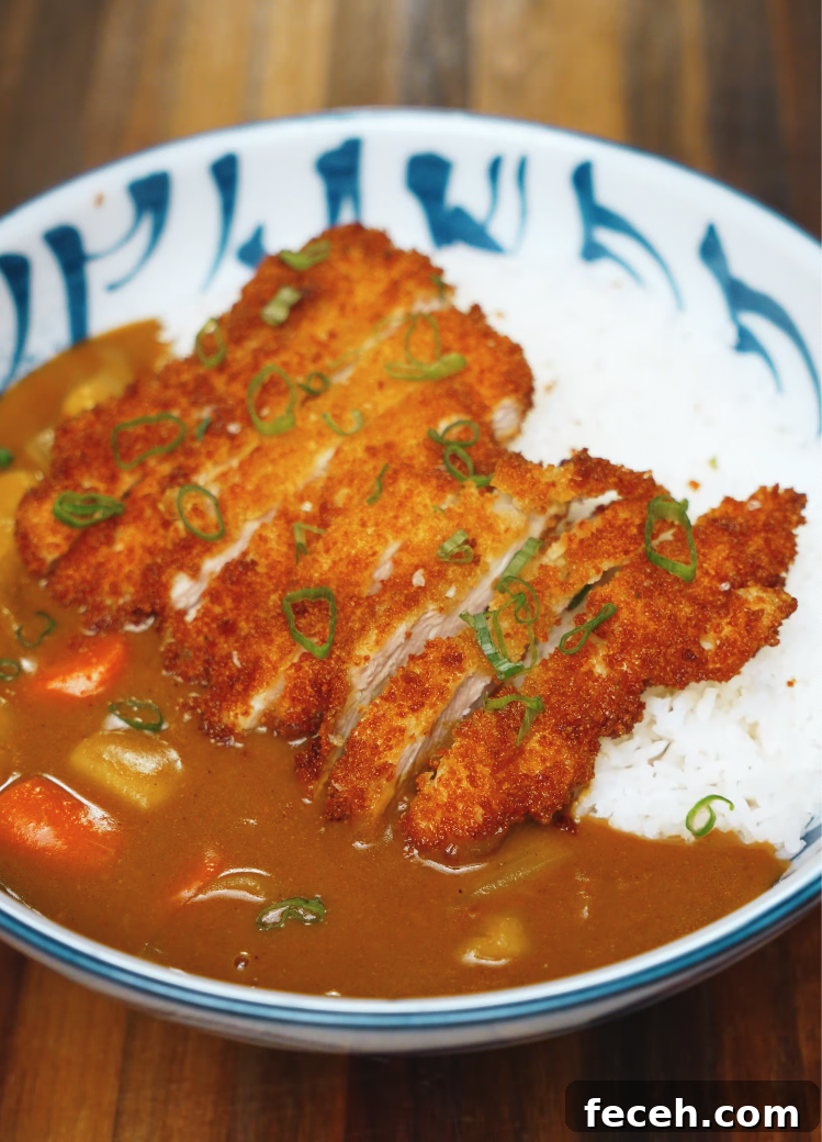 Japanese Chicken Katsu Curry Recipe: Crispy Cutlet with Savory Sauce 2 Sliced chicken katsu served over fluffy white rice and topped with Japanese curry sauce – classic chicken katsu curry bowl garnished with scallions.