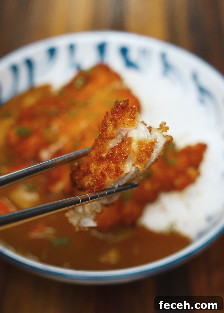 Japanese Chicken Katsu Curry Recipe: Crispy Cutlet with Savory Sauce 3 Close-up of crispy chicken katsu held by chopsticks above a bowl of curry and rice – crunchy and tender bite of chicken katsu curry.