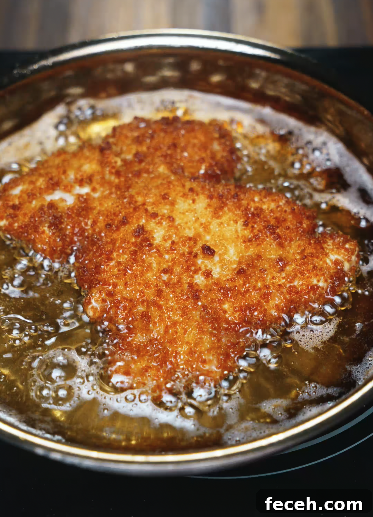 Japanese Chicken Katsu Curry Recipe: Crispy Cutlet with Savory Sauce 5 Breaded chicken katsu frying in oil until perfectly golden brown and crispy – key component of chicken katsu curry recipe.