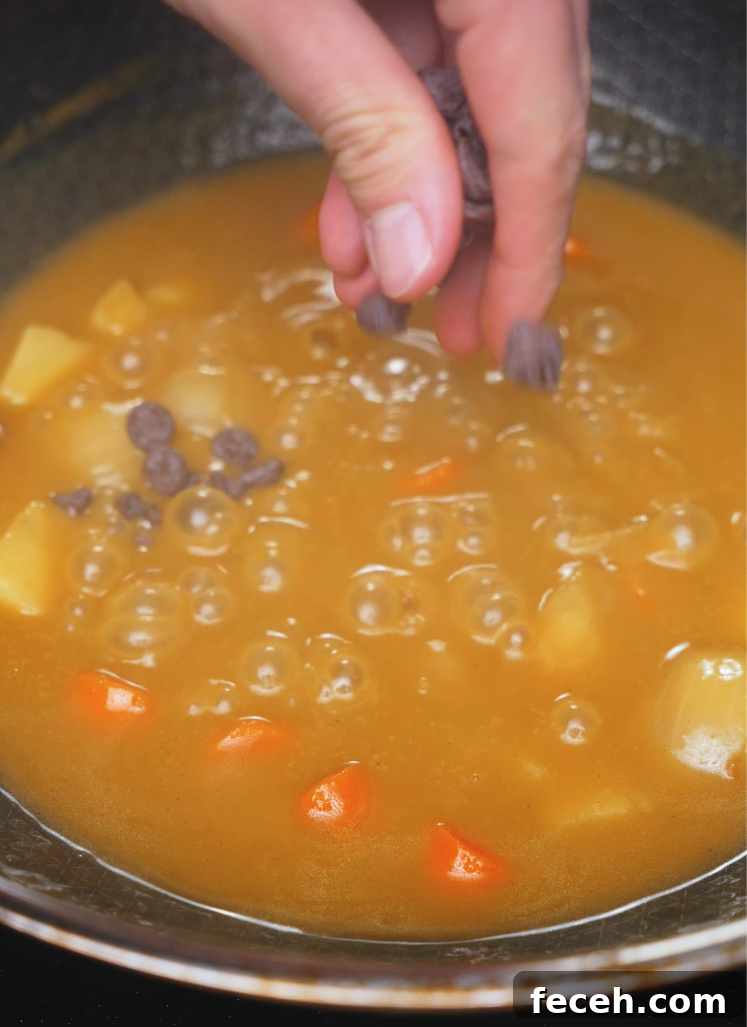 Japanese Chicken Katsu Curry Recipe: Crispy Cutlet with Savory Sauce 7 Hand adding dark chocolate chips to bubbling Japanese curry sauce with potatoes and carrots – rich and savory chicken katsu curry base.