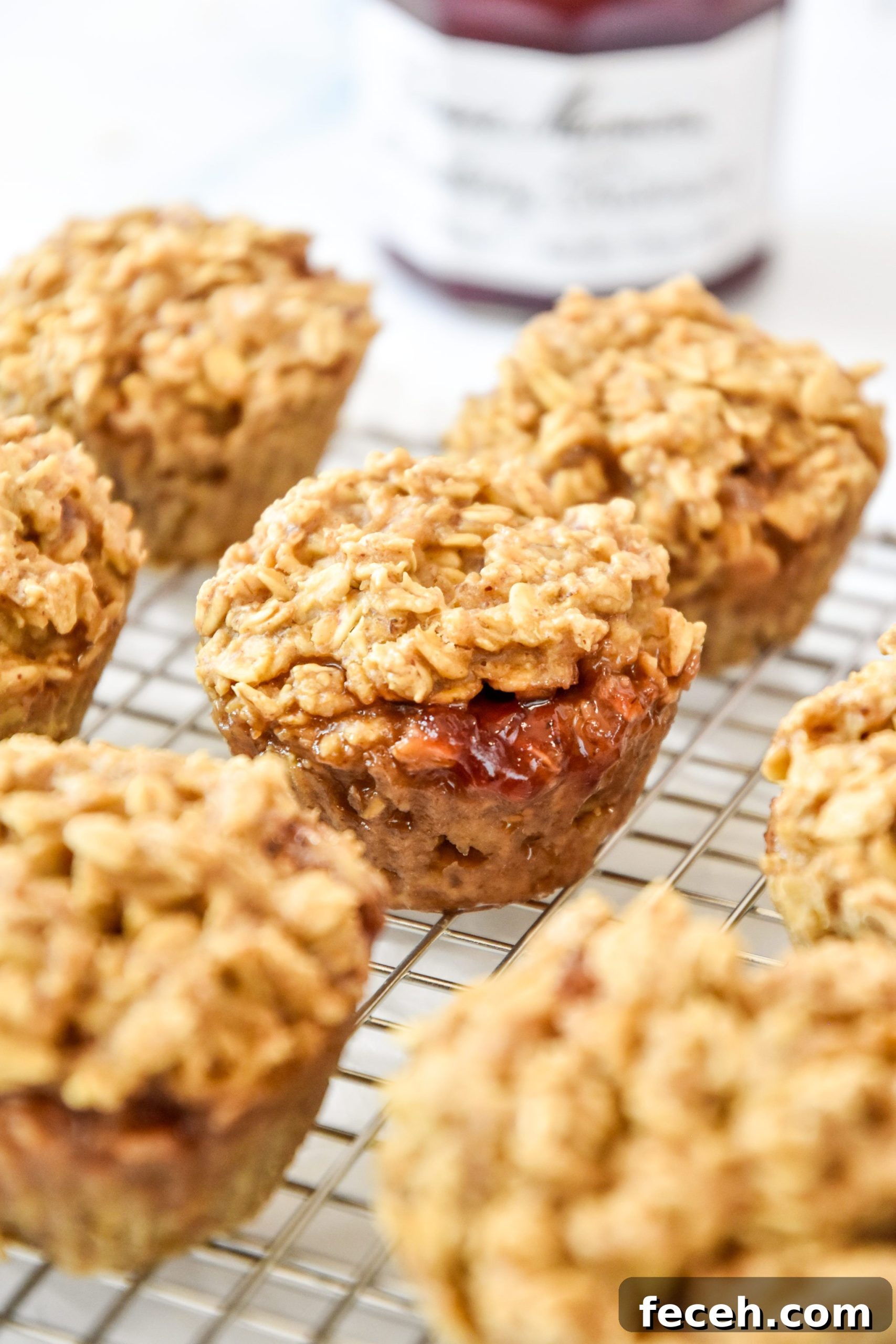peanut butter & jelly baked oatmeal cups on a cooling rack.