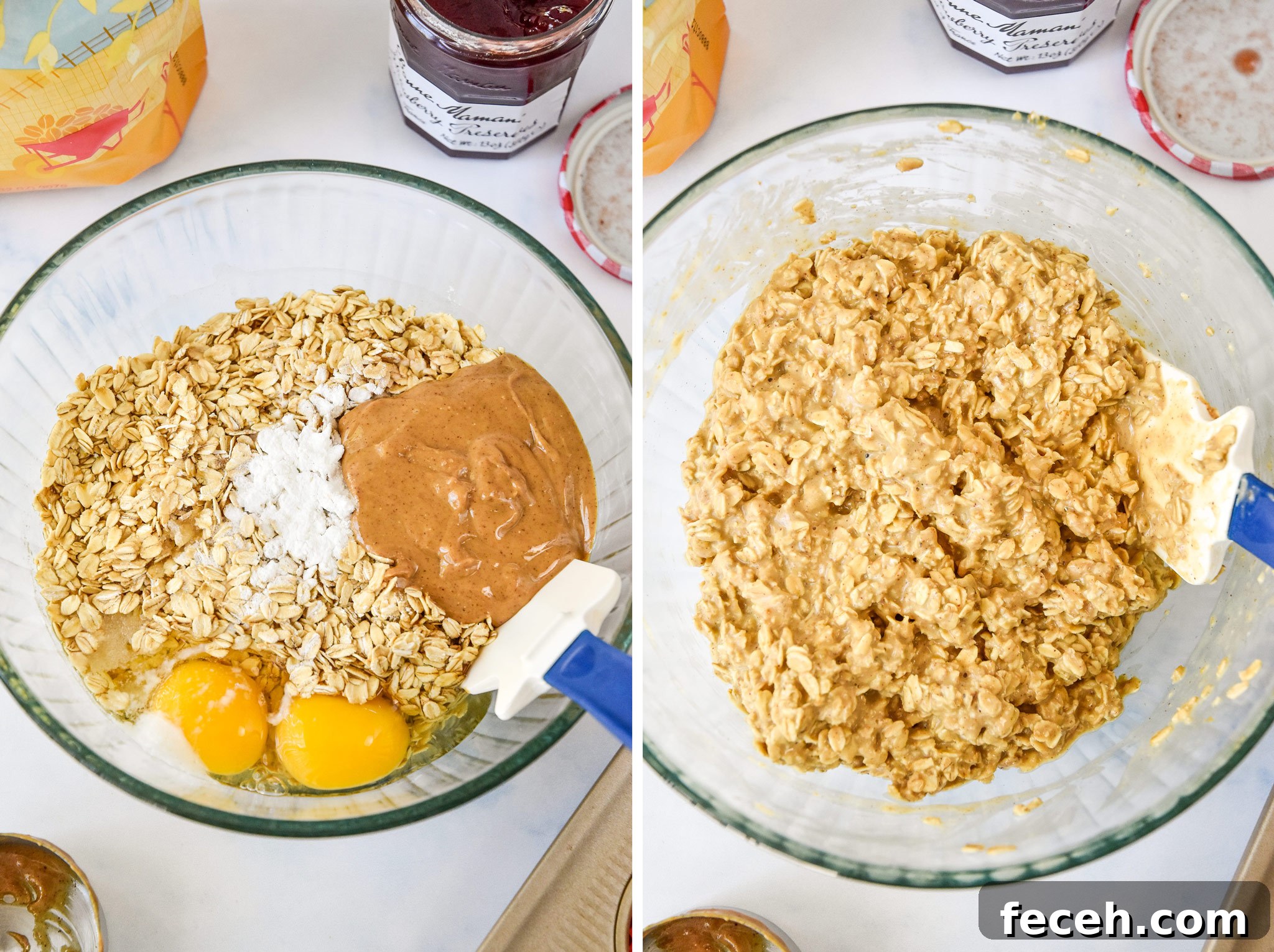 mixing ingredients together in a large glass bowl.