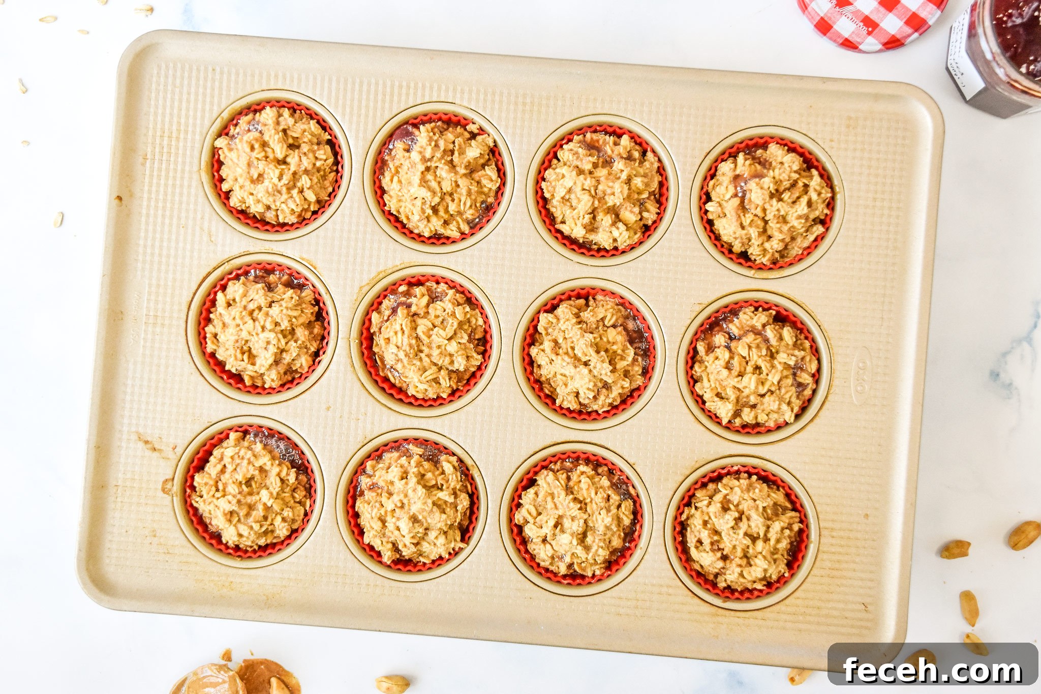 peanut butter & jelly baked oatmeal cups fresh from the oven.