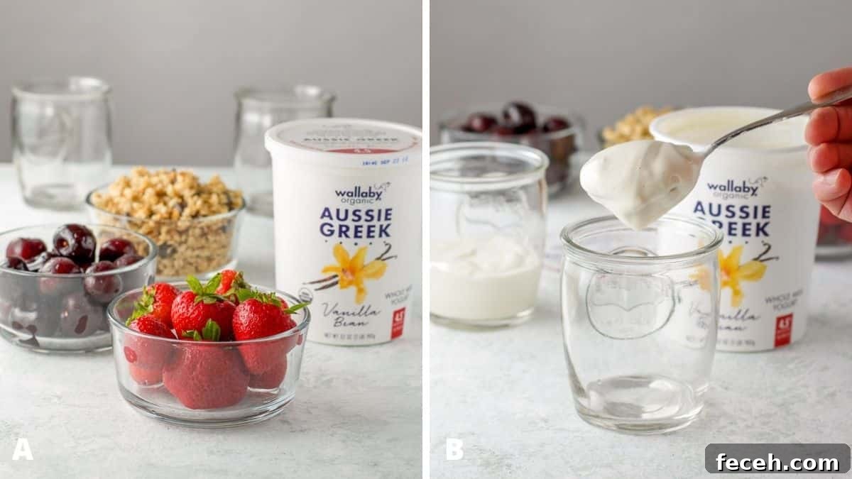 Left - strawberries, cherries, yogurt, granola and glassware. Right - A spoonful of yogurt held over a glass