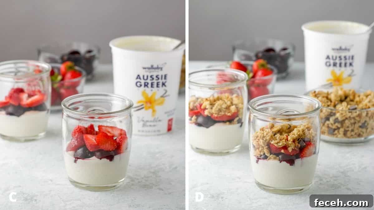 Left - cut strawberries and cherries on the yogurt. Right, granola sprinkled on the fruit
