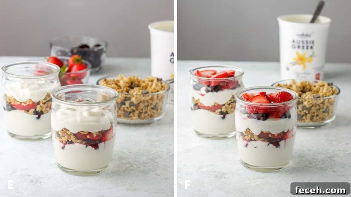 Left - yogurt spooned on the granola. Right - fruit spooned on the yogurt